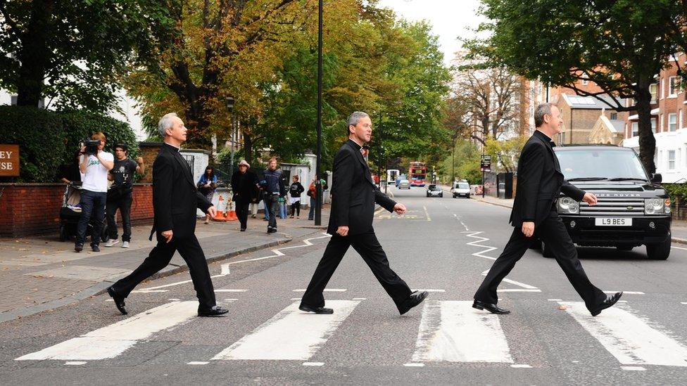 The Priests recreated The Beatles' famous pose when they recorded their second album, Harmony, at Abbey Road studios in 2009