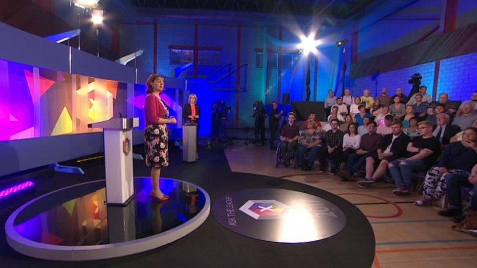 Leanne Wood with an audience in Maesteg