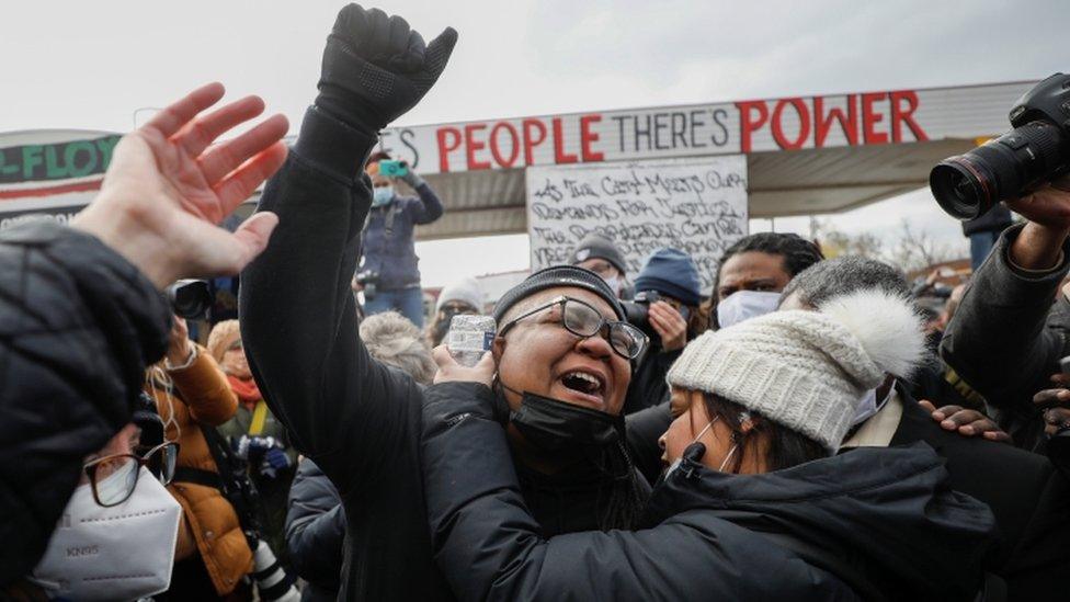 People react after the verdict in Minneapolis. Photo: 20 April 2021