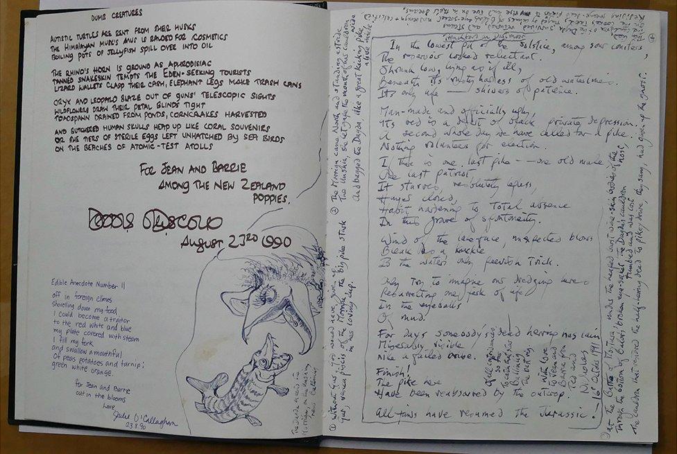 Ted Hughes' cartoon of the Morrigu eating the Dagda, along with notes and poem "Trenchford on Dartmoor" (1990-92), in the guest book of Barrie Cooke