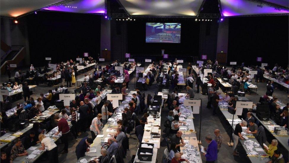 Election staff during the European Parliamentary elections count at the International Convention Centre in Birmingham