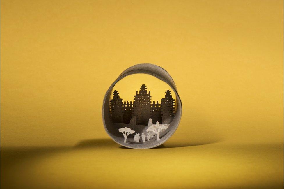 Timbuktu, Mali depicted inside a toilet roll
