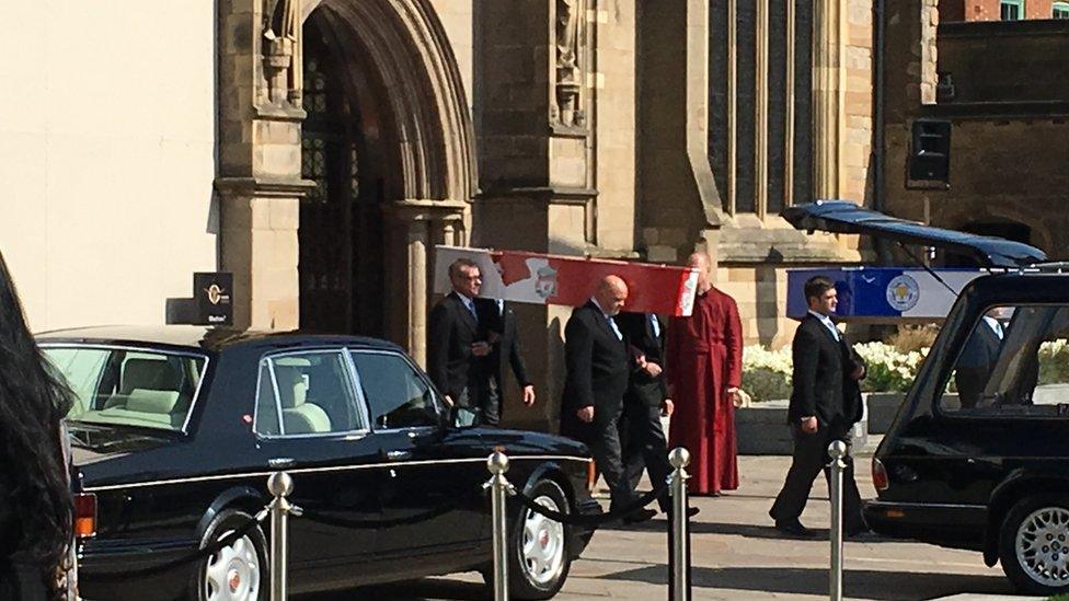 Coffins leave Leicester Cathedral after the Ragoobeer funeral