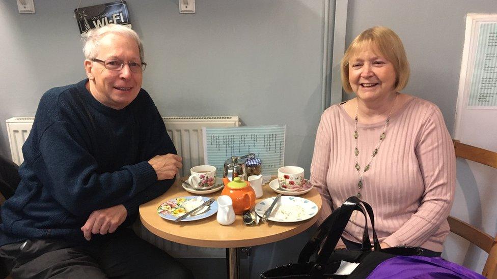 Lynette and Hywel Click from Ystrad having a cup of tea