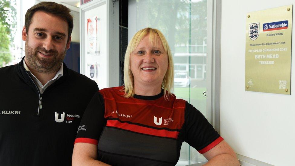 Will Jones and Pip Bell From Teesside University Sport with the plaque