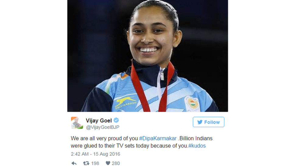 "We are all very proud of you Dipa Karmakar", said Indian politician Vijay Goel