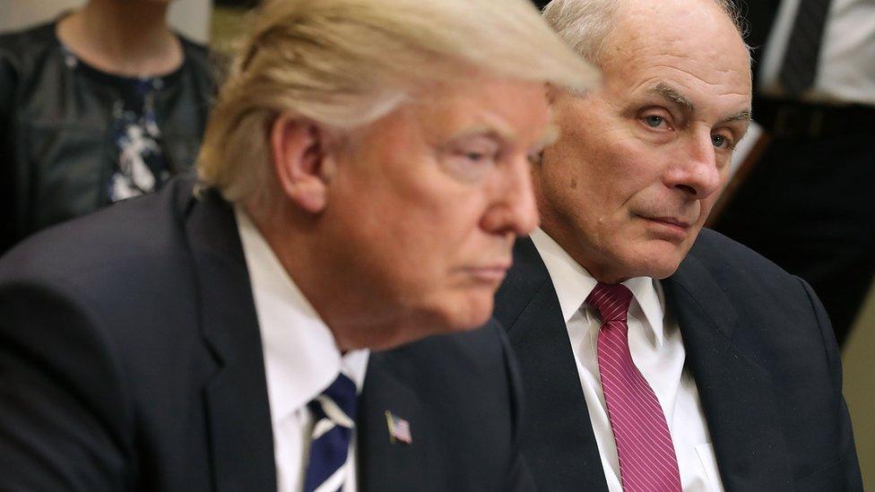 Homeland Security Secretary John Kelly listens as U.S. President Donald Trump delivers remarks at the beginning of a meeting with government cyber security experts in the Roosevelt Room at the White House January 31, 2017 in Washington, DC.