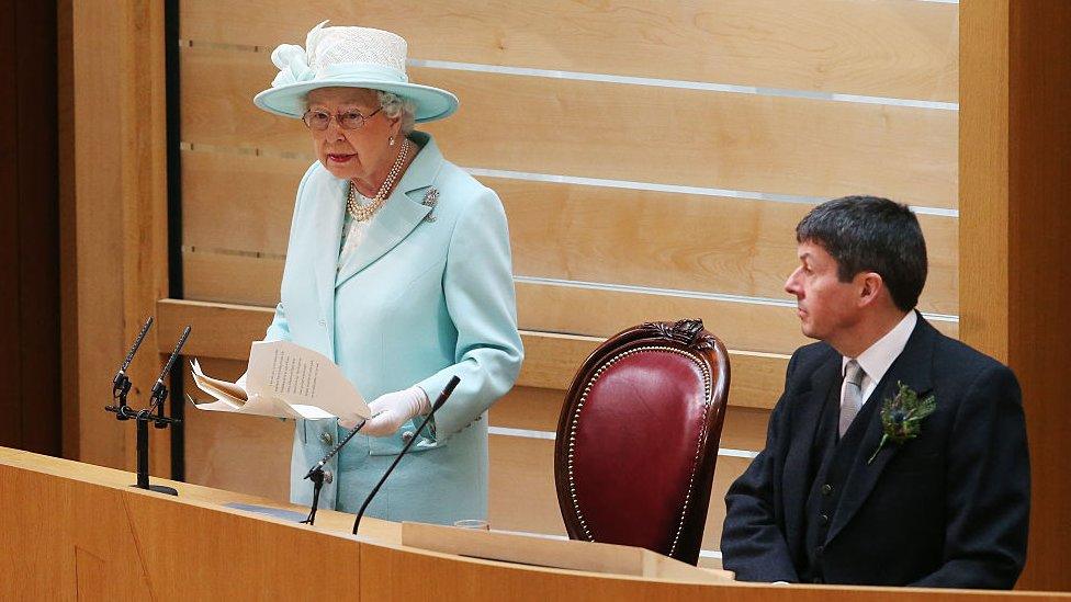 The Queen at the Scottish Parliament in 2016 with former presiding officer Ken Macintosh