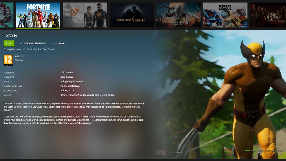 The current version of Fortnite is shown in the GeForce Now interface on PC