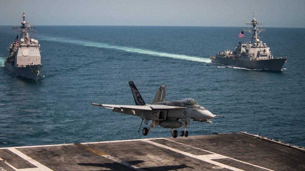 Scene from the flight deck of aircraft carrier USS Carl Vinson on May 3, 2017 in the western Pacific Ocean