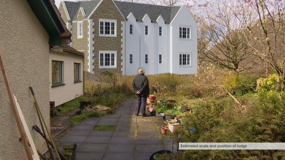 Roddy Macleod in his garden and graphic impression of how new lodge may look