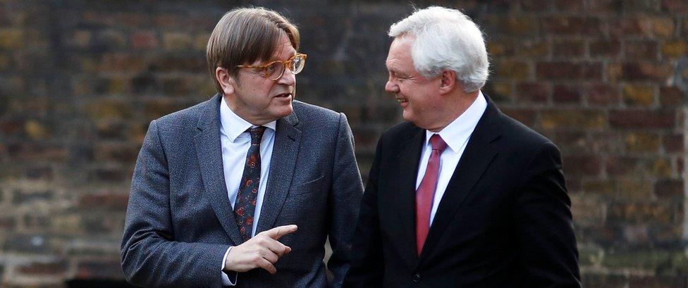 Guy Verhofstadt, the European Unions chief Brexit negotiator, and Britain's Secretary of State for Exiting the European Union David Davis walk up Downing Street in London, March 6, 2018