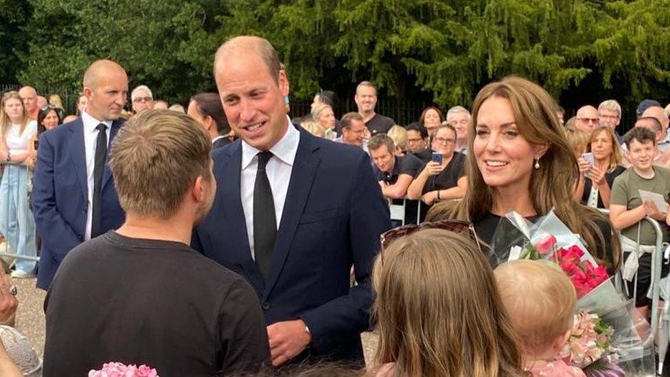 The Prince and Princess of Wales greeting mourners outside Windsor Castle