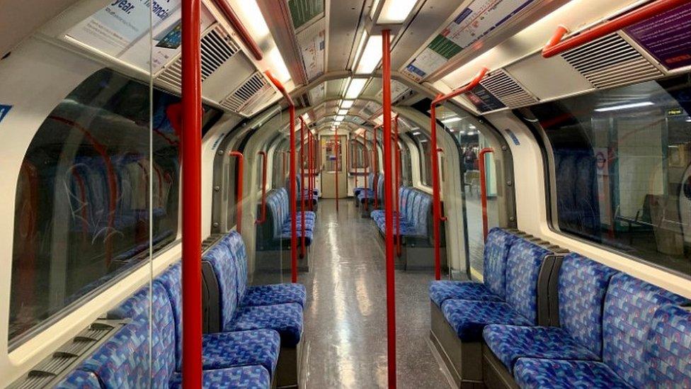 An empty Tube carriage, taken Wednesday 8 April, 1442pm.