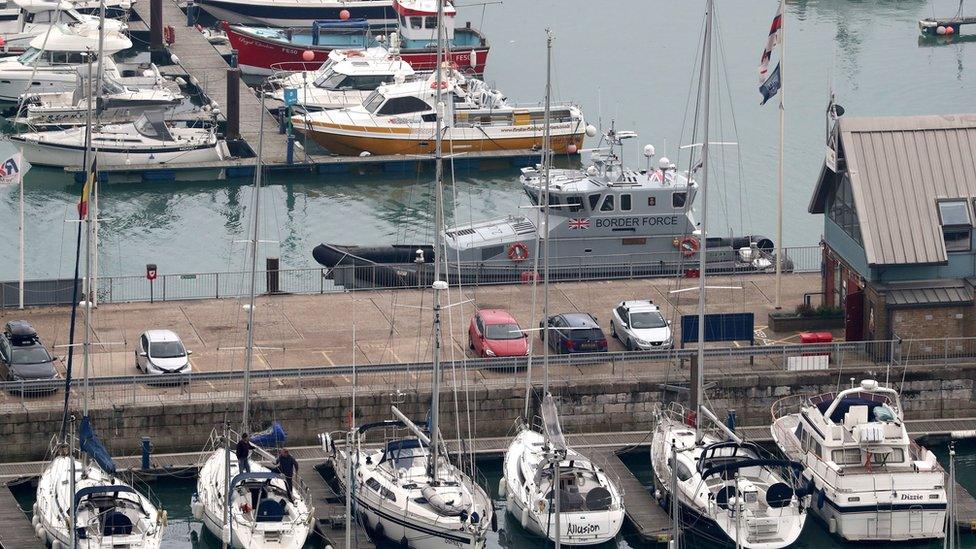 View of a Border Force patrol boat in Dover Marina, Kent, following seven suspected migrants being rescued from a dinghy off the Kent coast