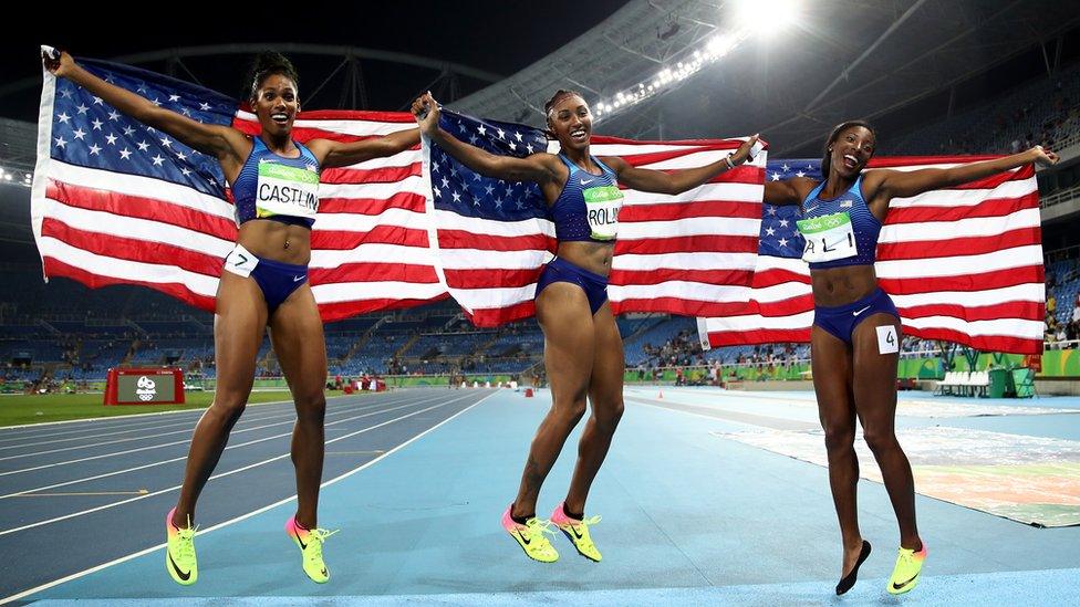 USA women celebrate gold silver and bronze in 100m women's hurdles