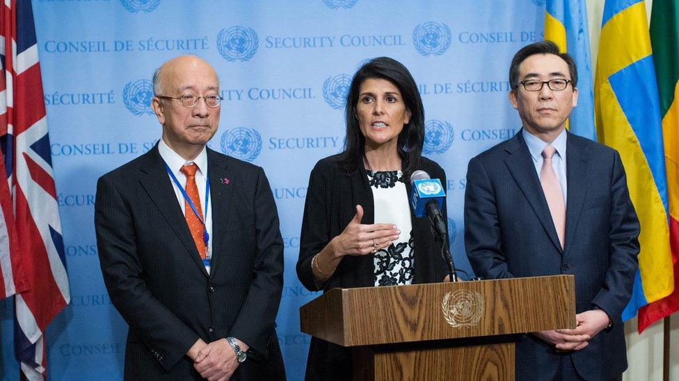 U.S. Permanent Representative to the United Nations Ambassador Nikki Haley (C) speaks to the media next to Permanent Representative of Japan to the United Nations Ambassador Koro Bessho, (L) and Permanent Representative of the Republic of Korea to the United Nations Ambassador Cho Tae-yul,