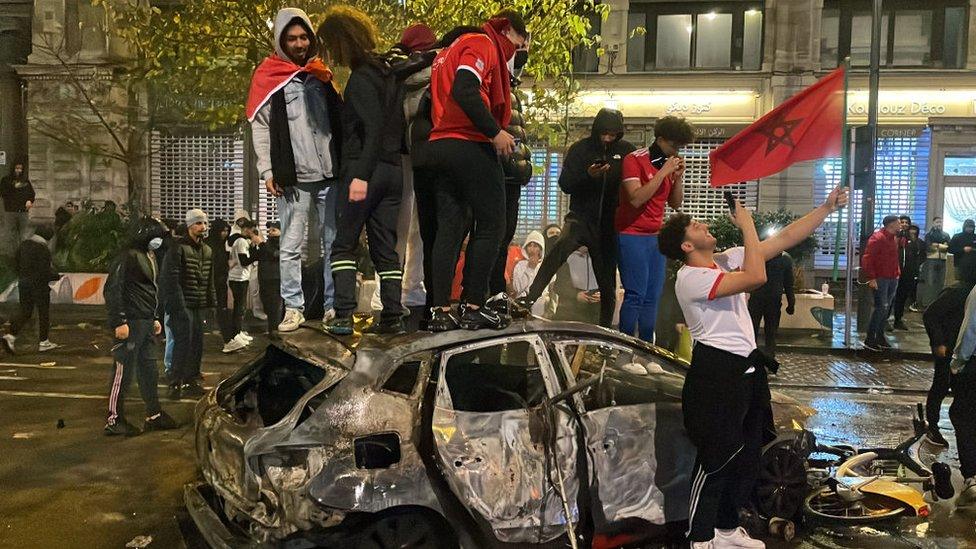 A view of streets after Morocco's victory over Belgium at the World Cup Qatar 2022 Group F football match, on November 27, 2022