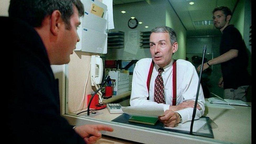 Frank Field visiting a social security office in Exeter