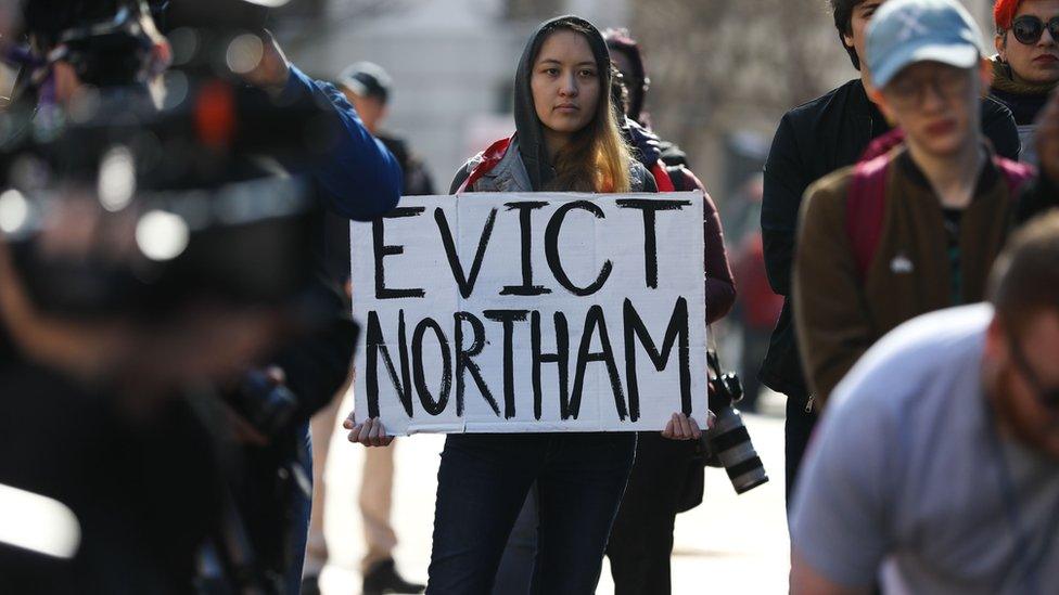 Protesters gathered outside the governor's mansion in February