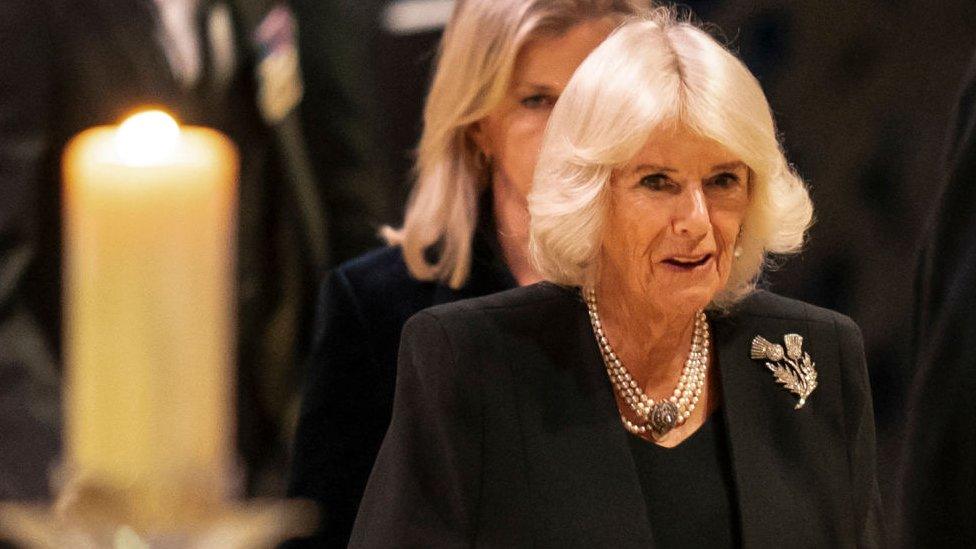 Britain's Camilla, Queen Consort arrives to attend a Vigil at St Giles' Cathedral, in Edinburgh.