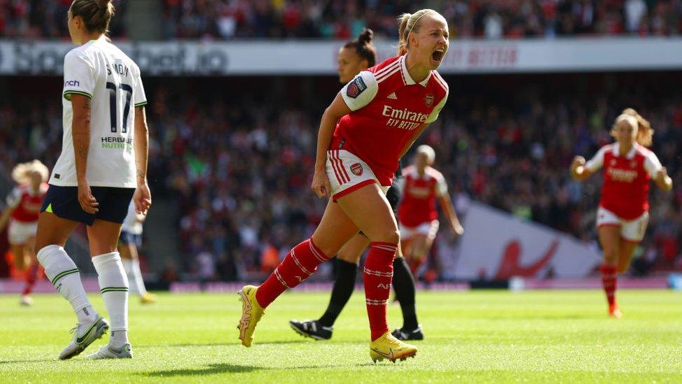 Beth Mead celebrates scoring for Arsenal