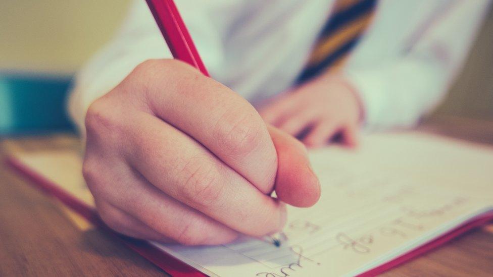 School pupil holding a pencil