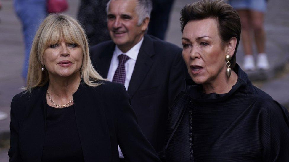 Christine Talbot (left) and Christa Ackroyd arrive at a service of thanksgiving for BBC presenter Harry Gration at York Minster in York