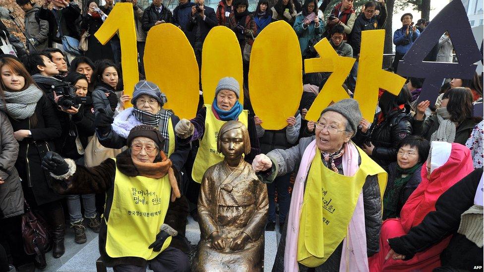 South Korean elderly women (yellow vests), who served as sex slaves for Japanese soldiers during World War II, hug the statue of a South Korean teenage girl in traditional costume called the 'peace monument' during the 1,000th weekly protest in front of the Japanese embassy in Seoul on 14 December 2011.