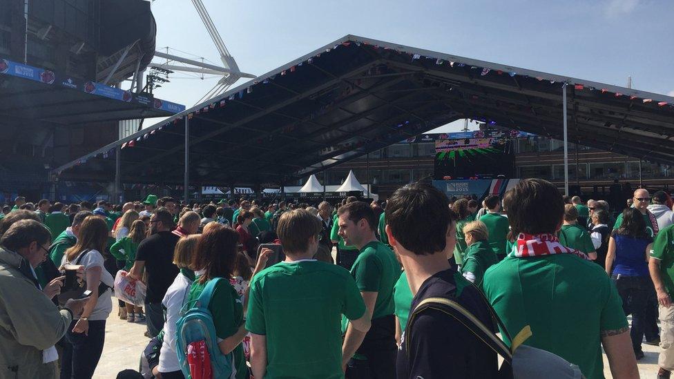 Rugby fans in Cardiff ahead of the game