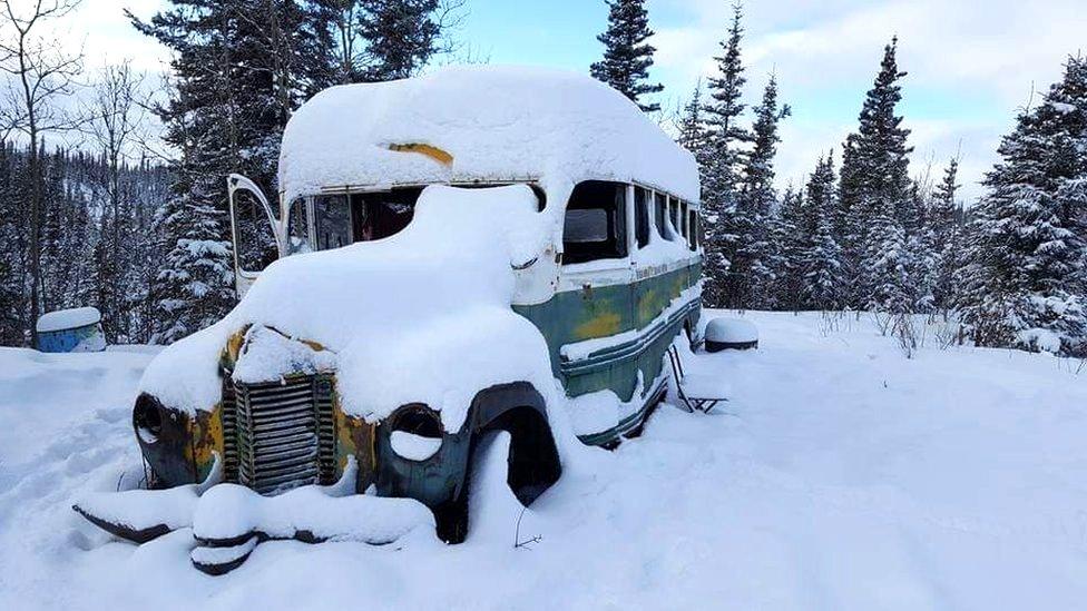 The Into the Wild bus in snow