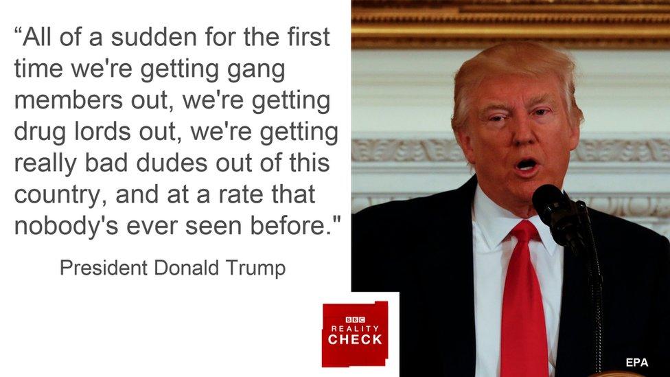 Donald Trump saying: All of a sudden for the first time we're getting gang members out, we're getting drug lords out, we're getting really bad dudes out of this country and at a rate that nobody's ever seen before.