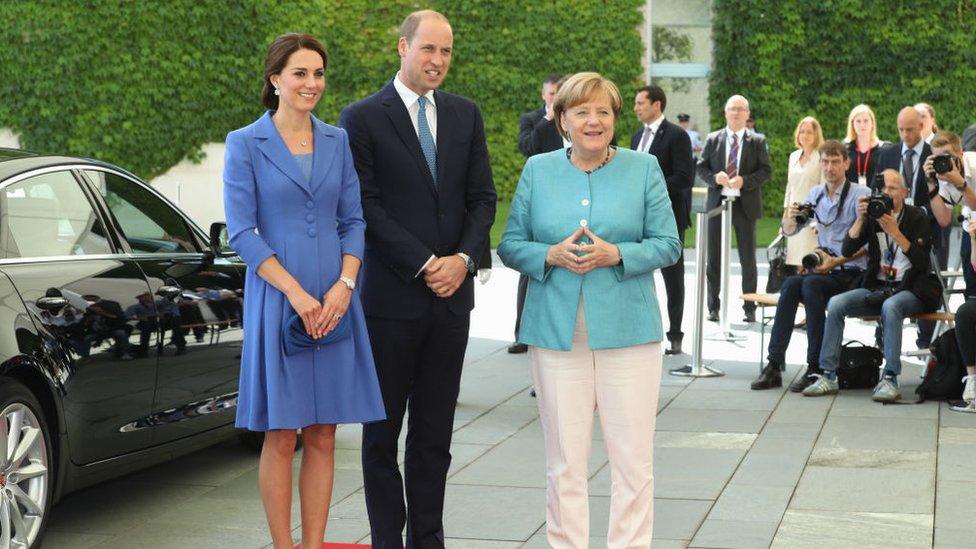 German Chancellor Angela Merkel welcomes Catherine, Duchess of Cambridge and Prince William, Duke of Cambridge