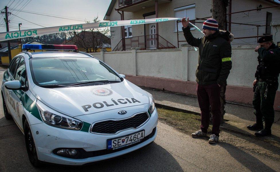 Slovak police car at crime scene, 26 Feb 18