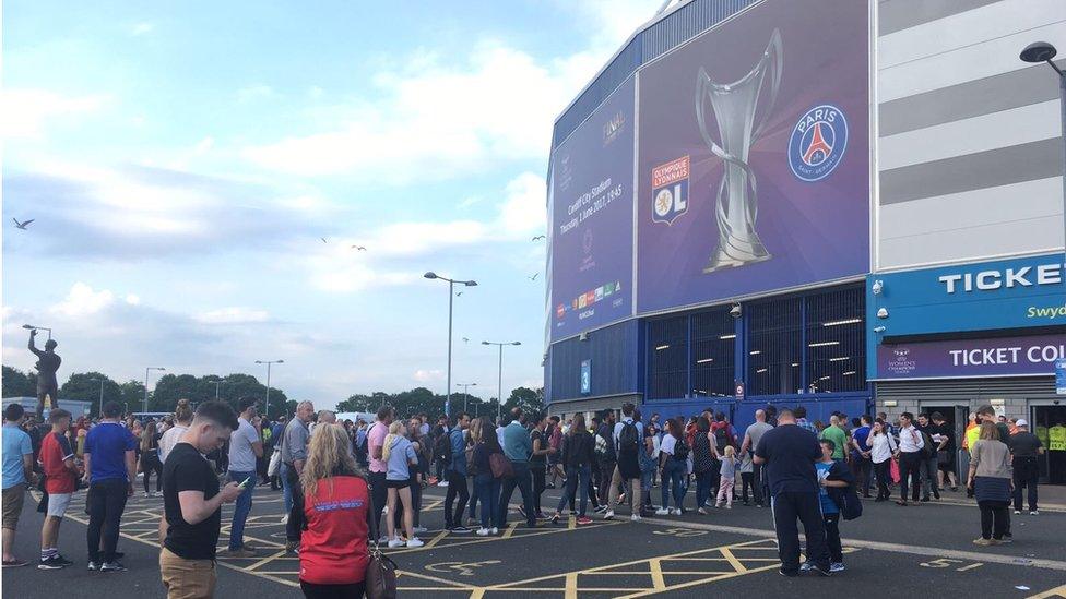 Fans arriving for the women's Champions League final in Cardiff