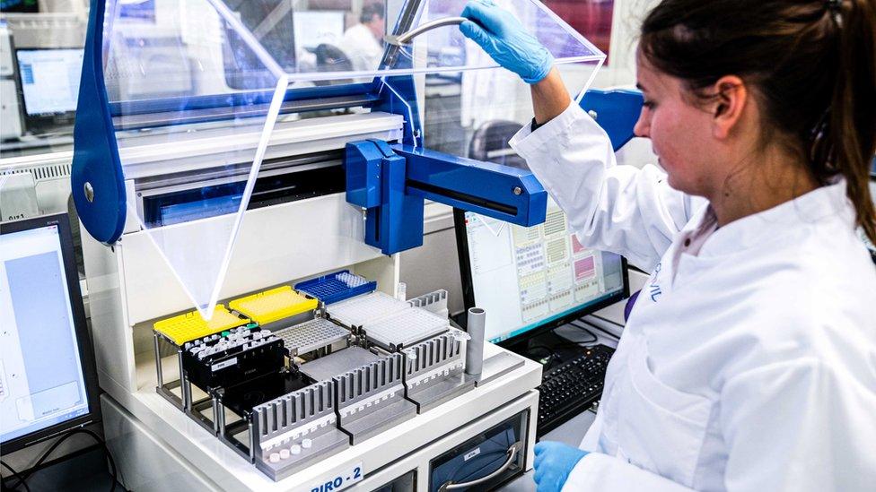 Staff member at a medical laboratory tests a sample for the coronavirus