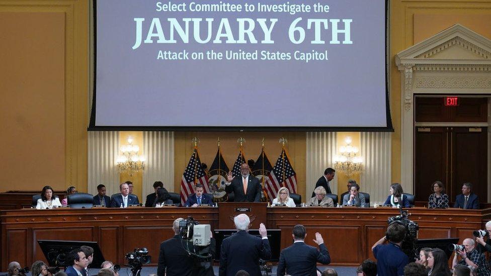 Chair Rep. Bennie Thompson (D-MS) swears in (L-R) former Acting Attorney General and Richard Donoghue, former Acting Deputy Attorney General Jeffrey A. Rosen, and Steven Engel, former Assistant Attorney General for the Office of Legal Counsel for the fifth hearing held by the Select Committee to Investigate the January 6th Attack on the U.S. Capitol on June 23, 2022 in the Cannon House Office Building in Washington, DC