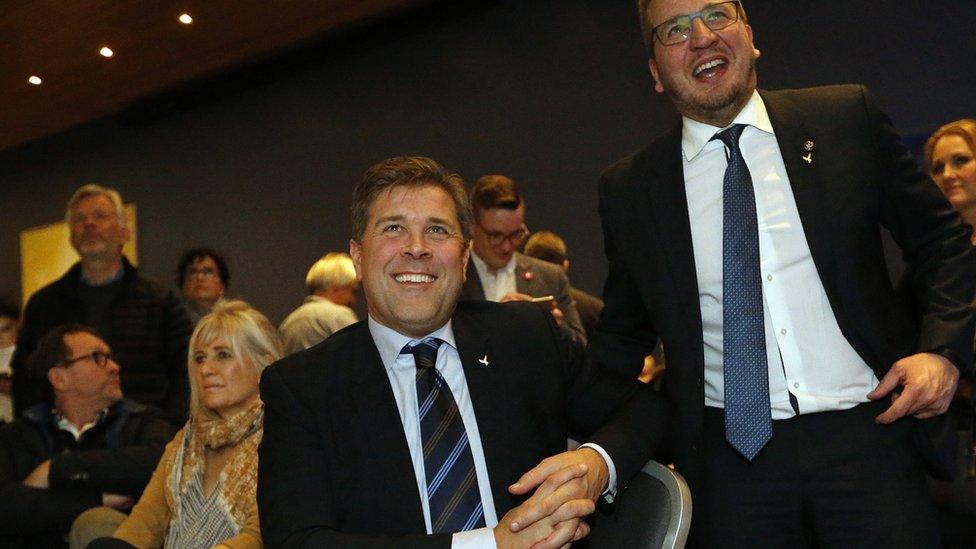 Bjarni Benediktsson of The Independence Party smiles after the first results in Reykjavik, Iceland, Saturday, Oct 29, 2016.