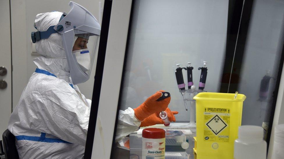 A biologist working in a research lab, part of the Cancer Academic Institute in Toulouse, southern France