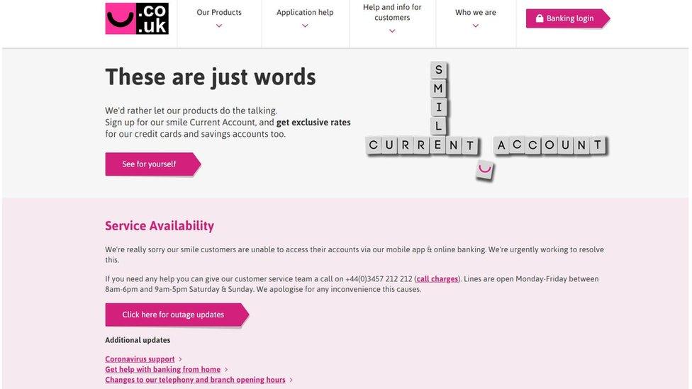A screenshot of the Smile Bank website with a notice about the ongoing outages