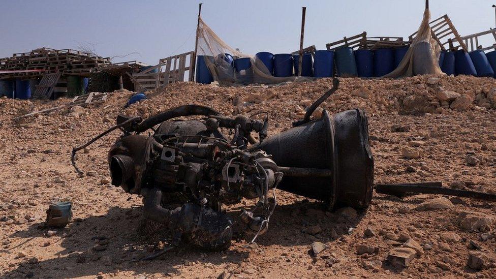 Remains of an Iranian rocket booster that fell near Arad, southern Israel