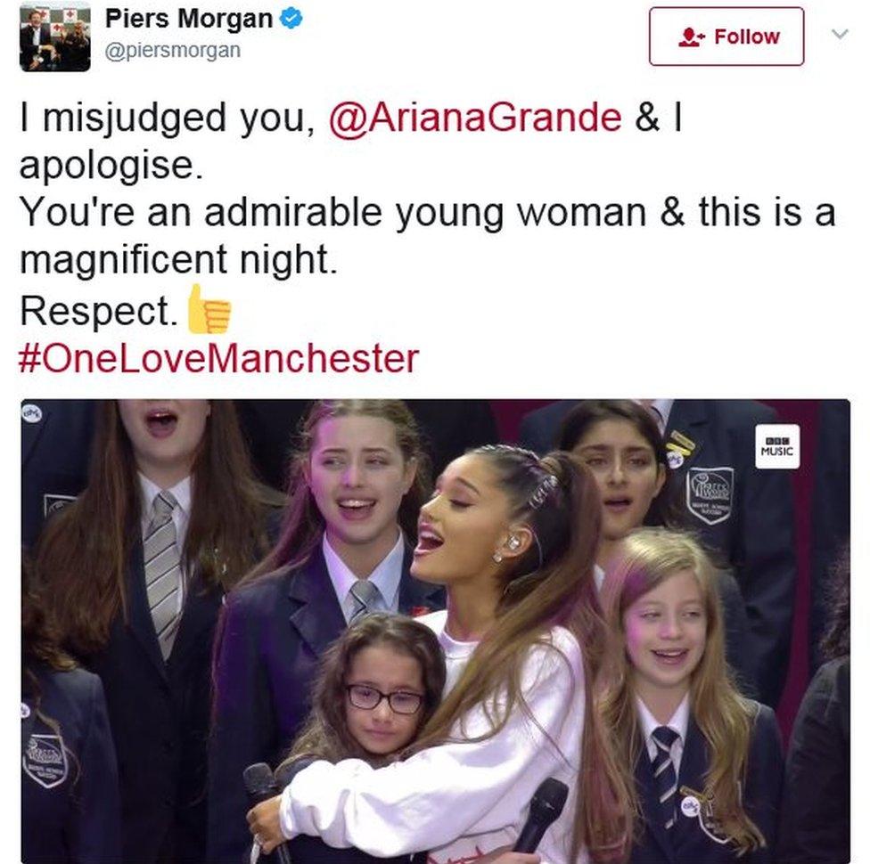 Piers Morgan's tweet: I misjudged you, @ArianaGrande & I apologise. You're an admirable young woman & this is a magnificent night.