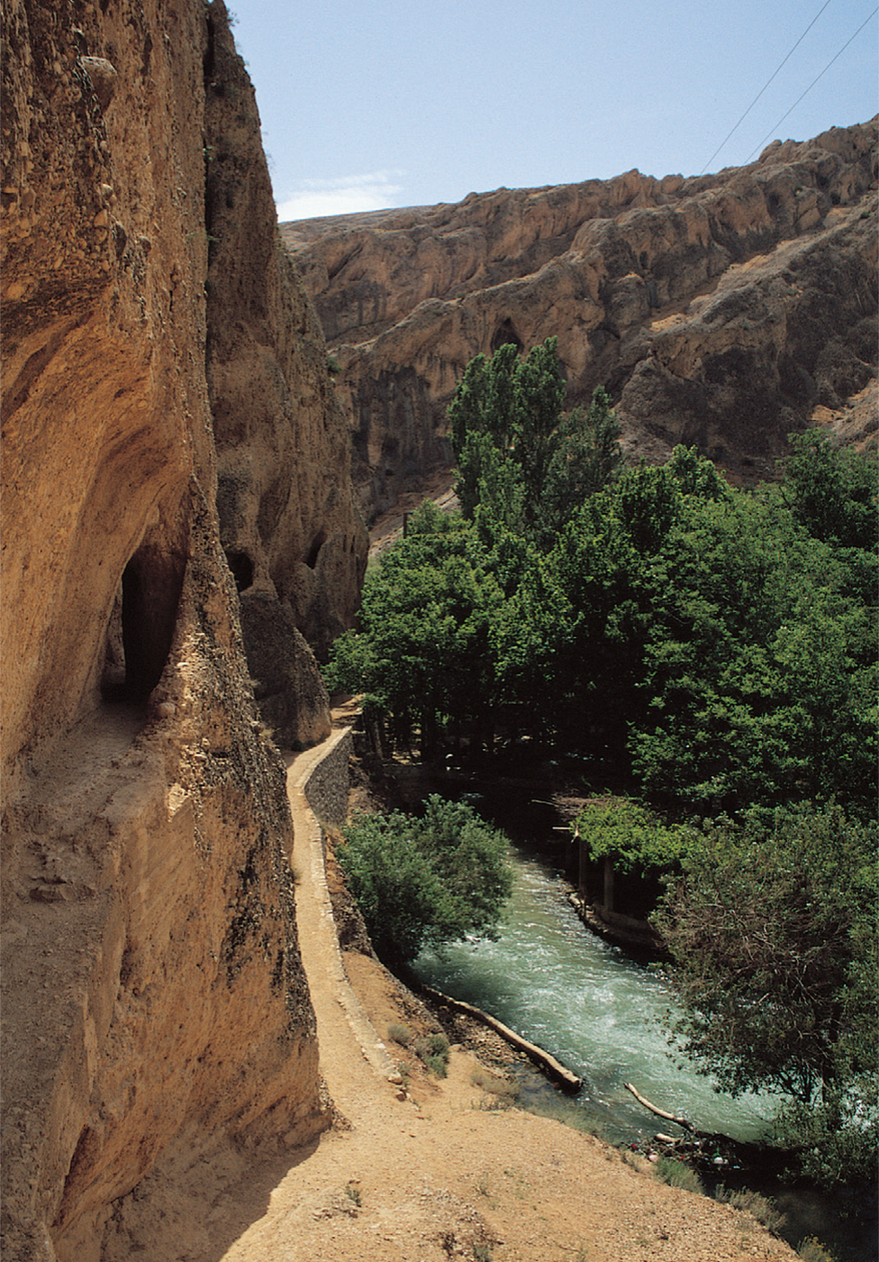 Barada river and Gorge with Roman aqueduct system in cliffs