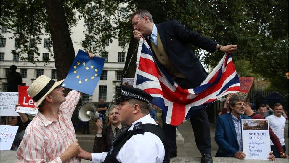 A police officer separates a pro-Europe and anti-Brexit demonstrator at the March for Europe in London