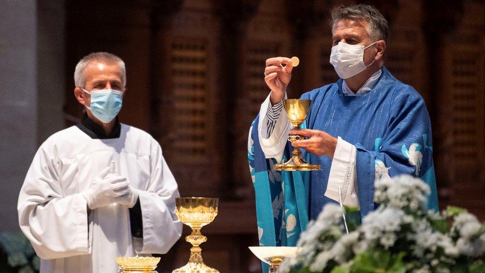 Service at the Catholic church St Ursula in Munich, Bavaria, Germany, 16 May 2020