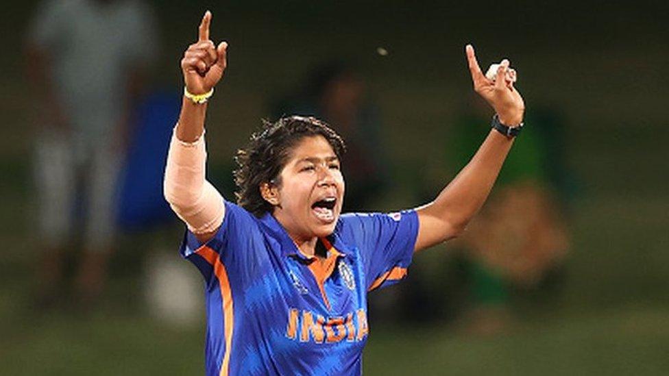 Jhulan Goswami of India celebrates dismissing Salma Khatun of Bangladesh during the 2022 ICC Women's Cricket World Cup match between India and Bangladesh at Seddon Park on March 22, 2022 in Hamilton, New Zealand.