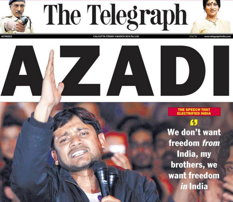 Front page of Indian newspaper The Telegraph on 4 March 2016, a day after Kanhaiya Kumar's speech at Jawaharlal Nehru University