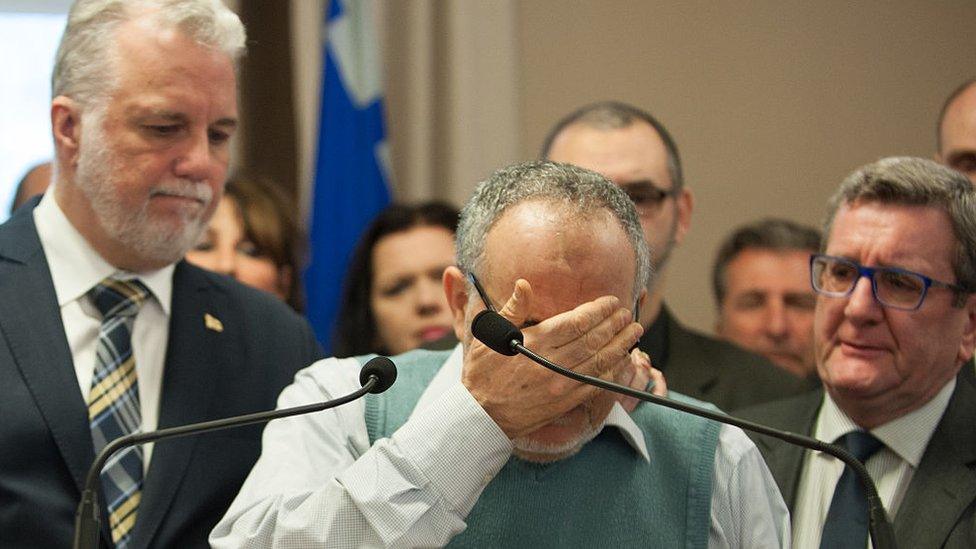 Philippe Couillard Quebec prime minister, Khaled El Kacemi, vice president of the Islamic Cultural Center of Quebec and Regis Labeaume Quebec city mayor hold a press conference.