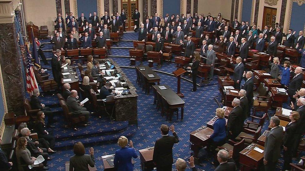 Senators are sworn in during the procedural start of the Senate impeachment trial of President Donald Trump in video shot in Senate Chamber in Washington, January 16, 2020