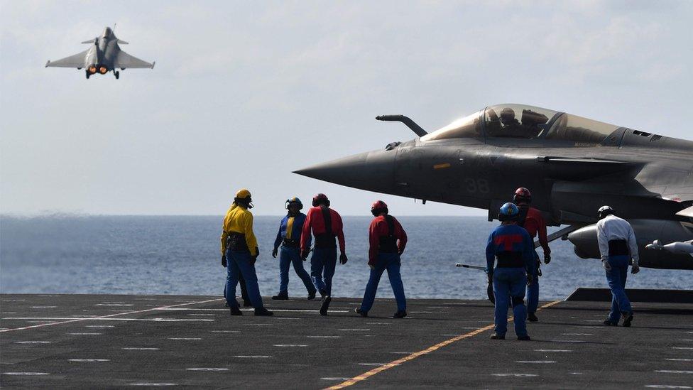 French Rafale fighter jets on the aircraft carrier "Charles de Gaulle" during a joint Indo-French naval exercise Varuna, in the Arabian sea, off Goa coast, 9 May